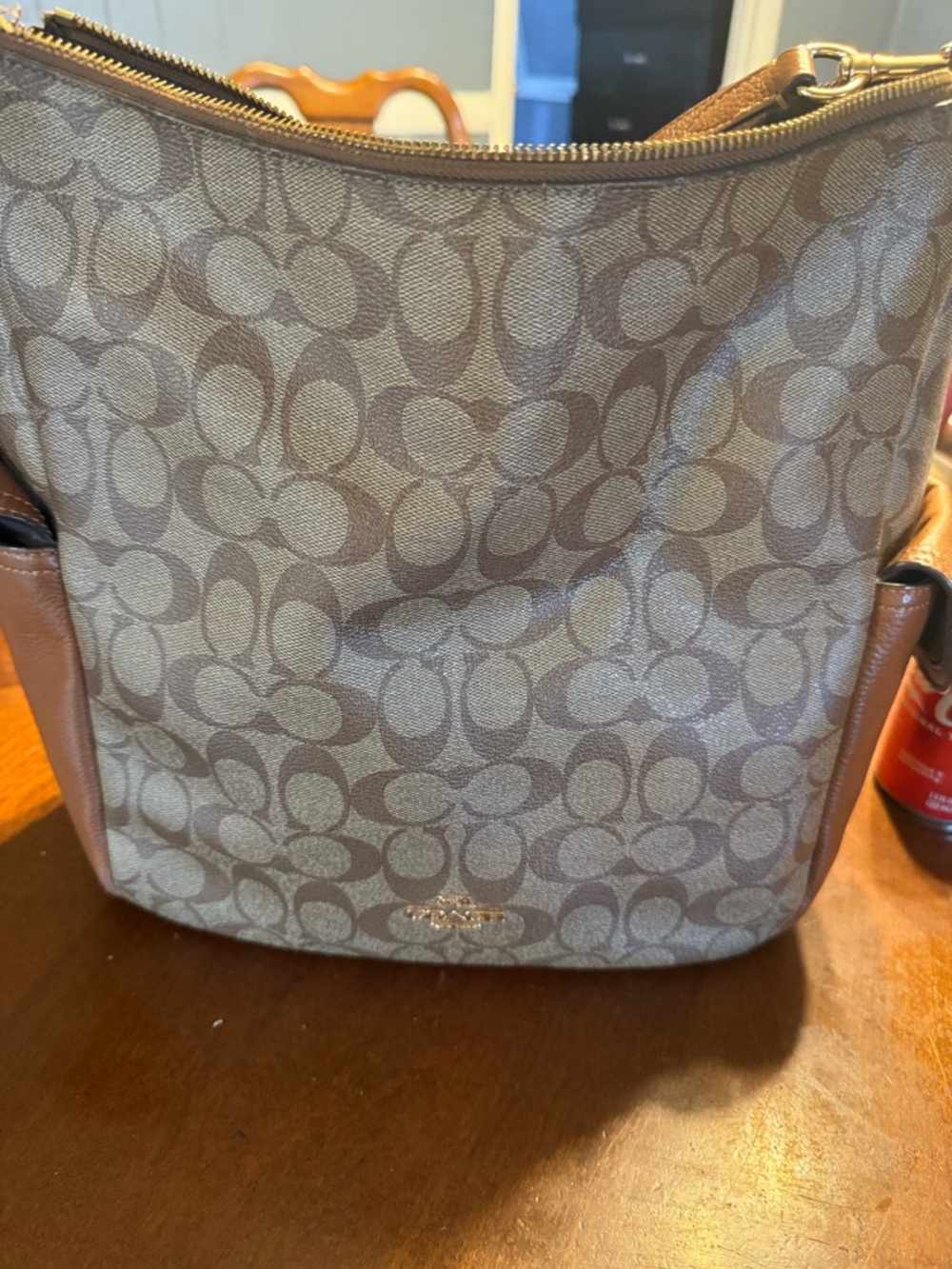 Coach Signature Canvas Shoulder Bag in Khaki and Chestnut